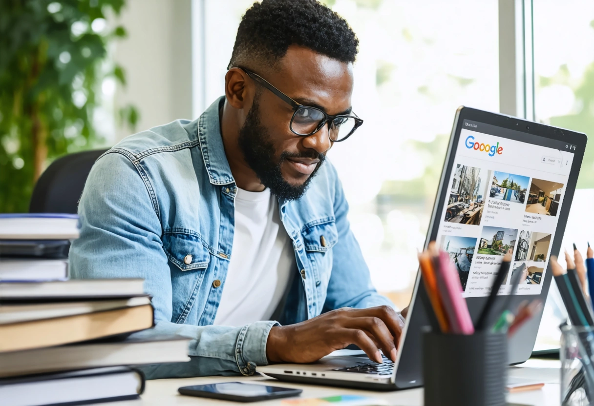 Business owner updating Google Business Profile in a bright, professional office setting.