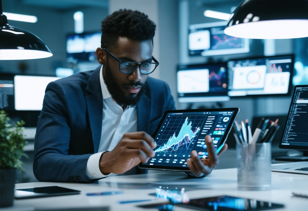 A business strategist in a contemporary workspace, examining GA4 funnel analysis on a tablet. Natural