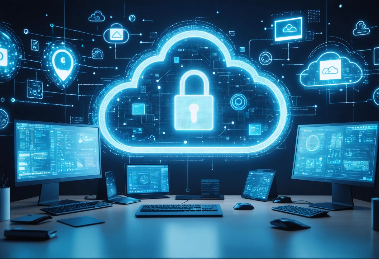 A cloud security interface with data protection icons, IT professionals managing cloud systems on monitors.