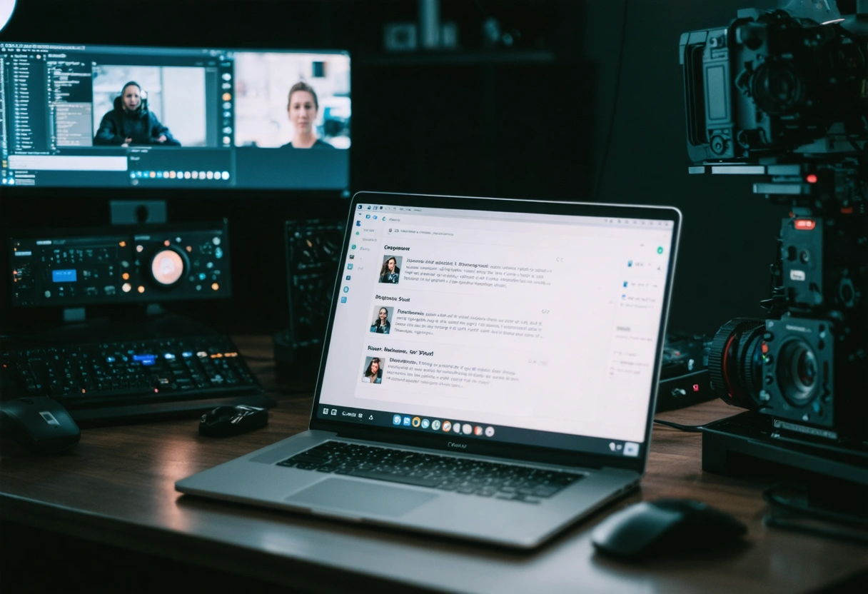 A collaborative workspace with cPanel forums on a laptop, users sharing tips. Bright lighting, a