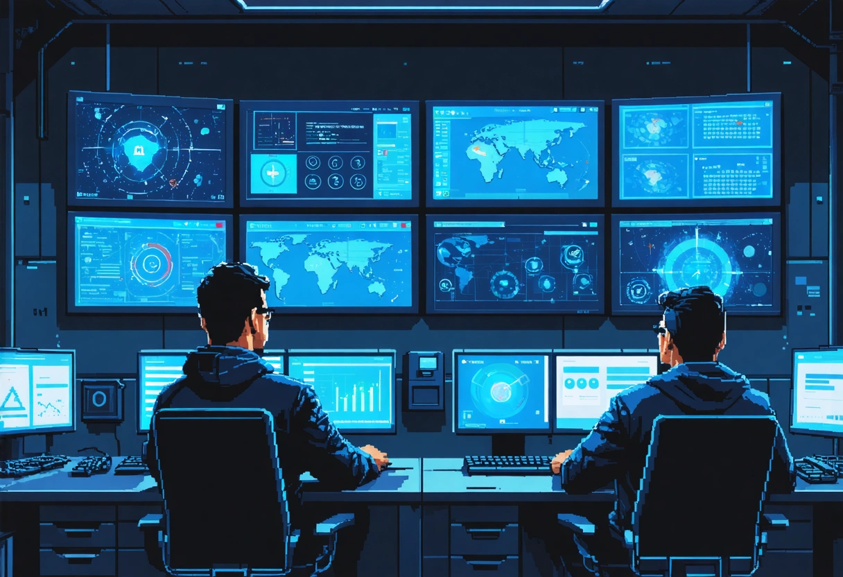 A cybersecurity dashboard showing real-time monitoring data, analysts observing threat alerts on multiple screens. Dynamic,