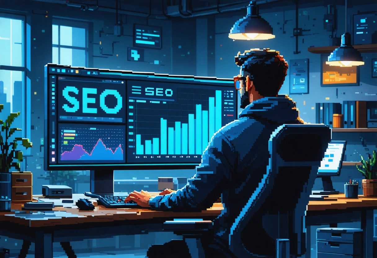 A digital marketer analyzing SEO impact on a large monitor showing uptime graphs, in a