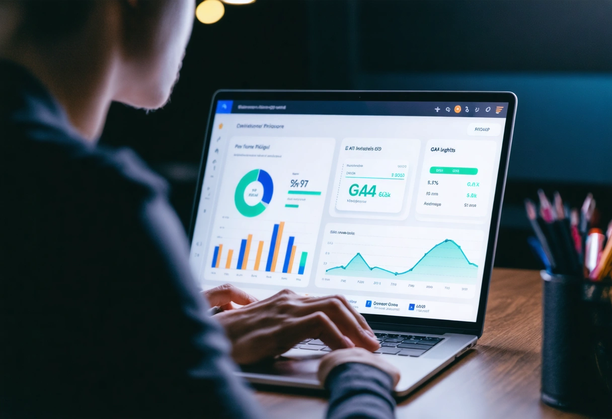 A digital marketer at a sleek desk using a laptop displaying GA4's AI-powered insights. Soft