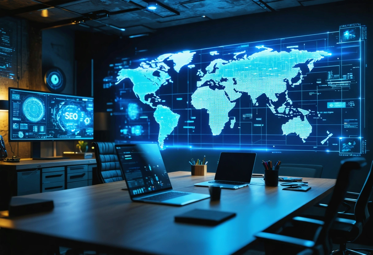 Futuristic office with holographic display of SEO trends and AI