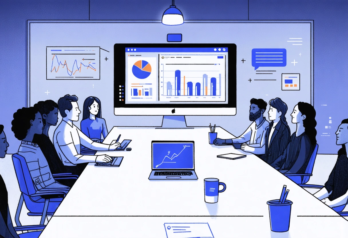 A marketing team in a modern conference room integrating GA4 with Google Ads on a