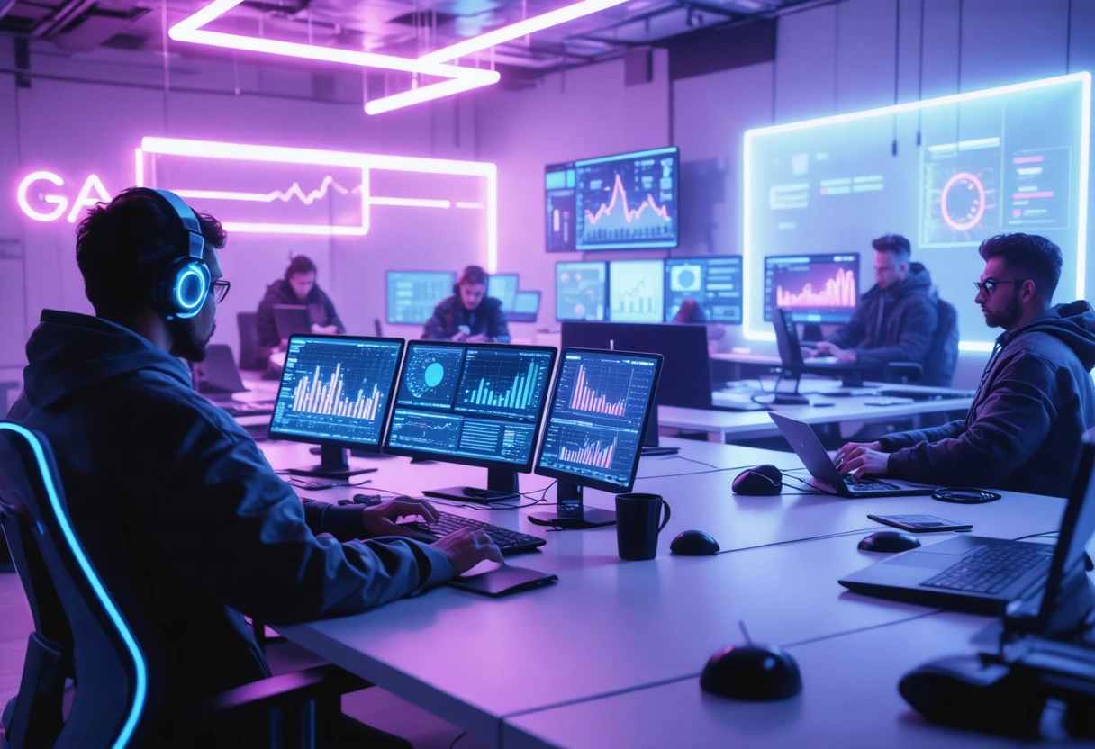 Digital marketing team analyzing GA4 dashboards on laptops in a modern office setting.