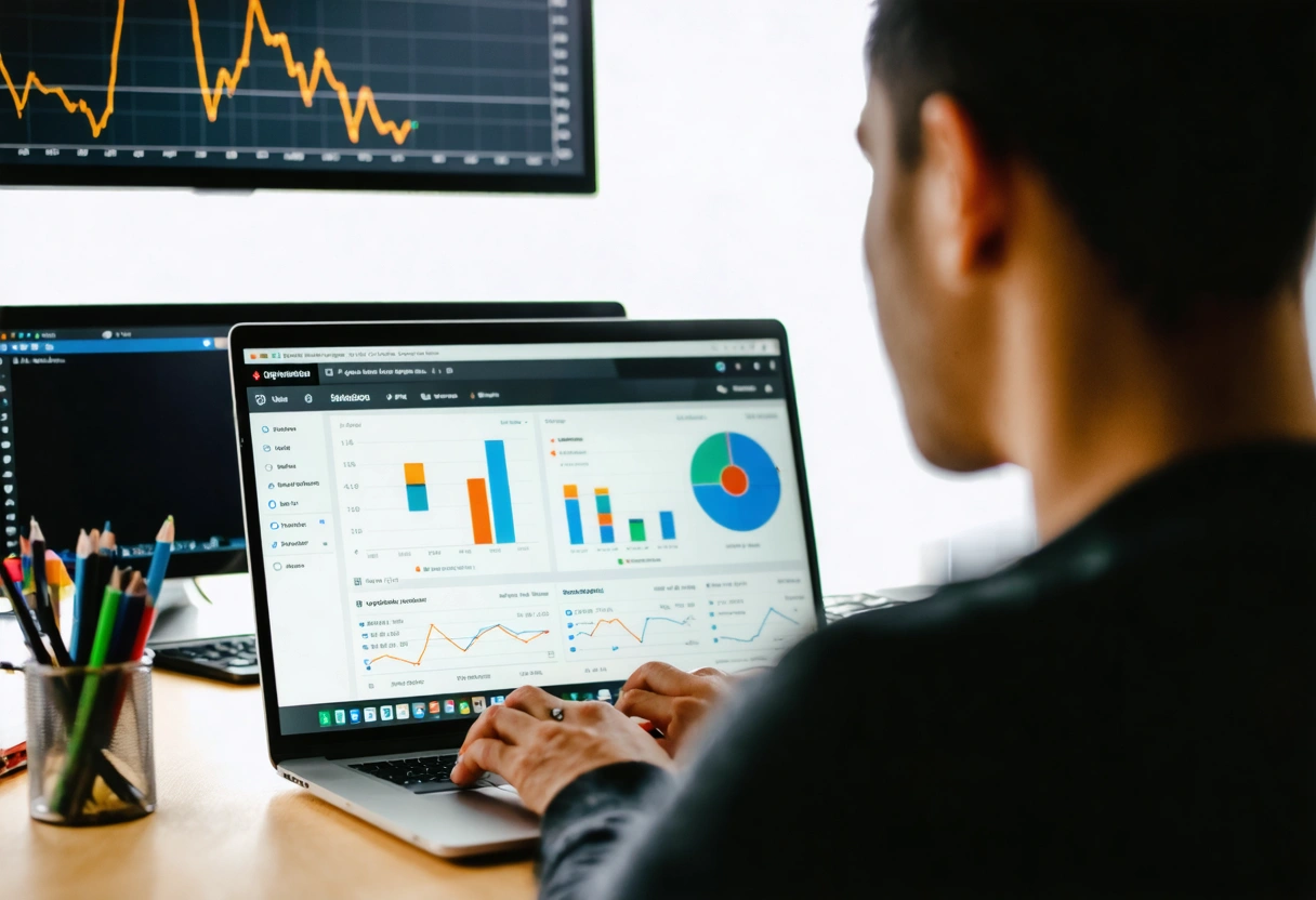Person analyzing website analytics on a laptop in a bright, professional office setting.