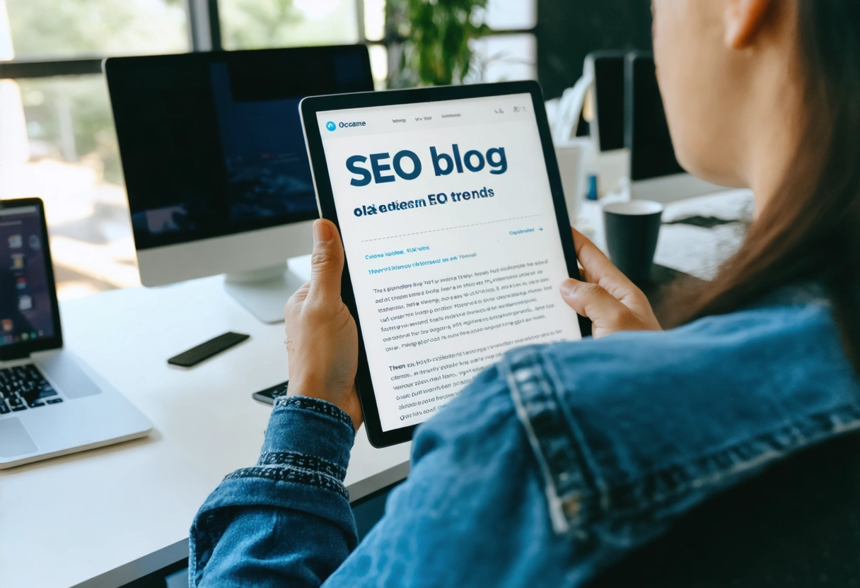 Person reading SEO blog on tablet, article about local SEO trends.
