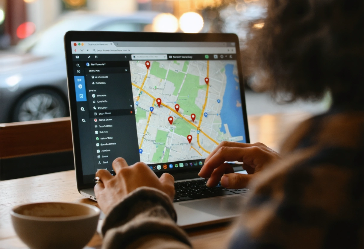 Person using laptop in cafe, viewing local business listings on a search engine map.