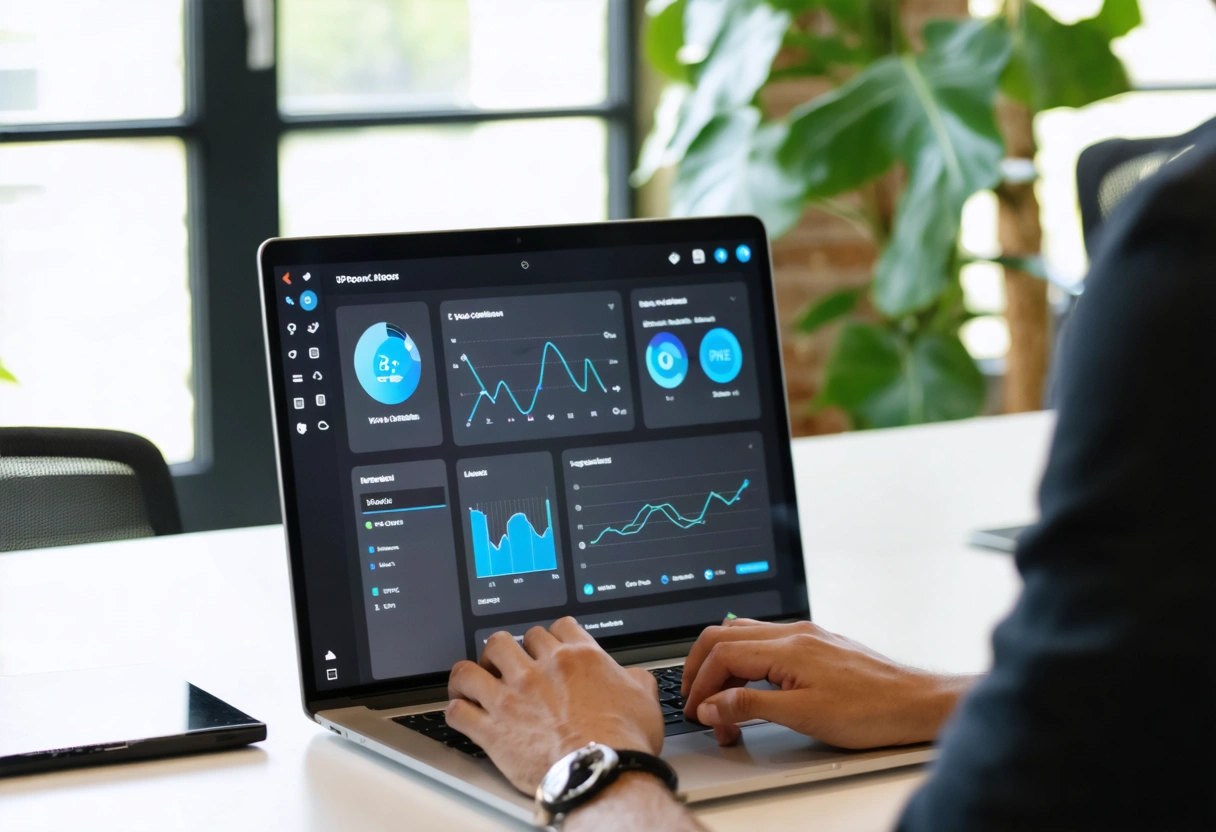 A person using a laptop with cPanel open, displaying a user-friendly interface. Bright office setting,