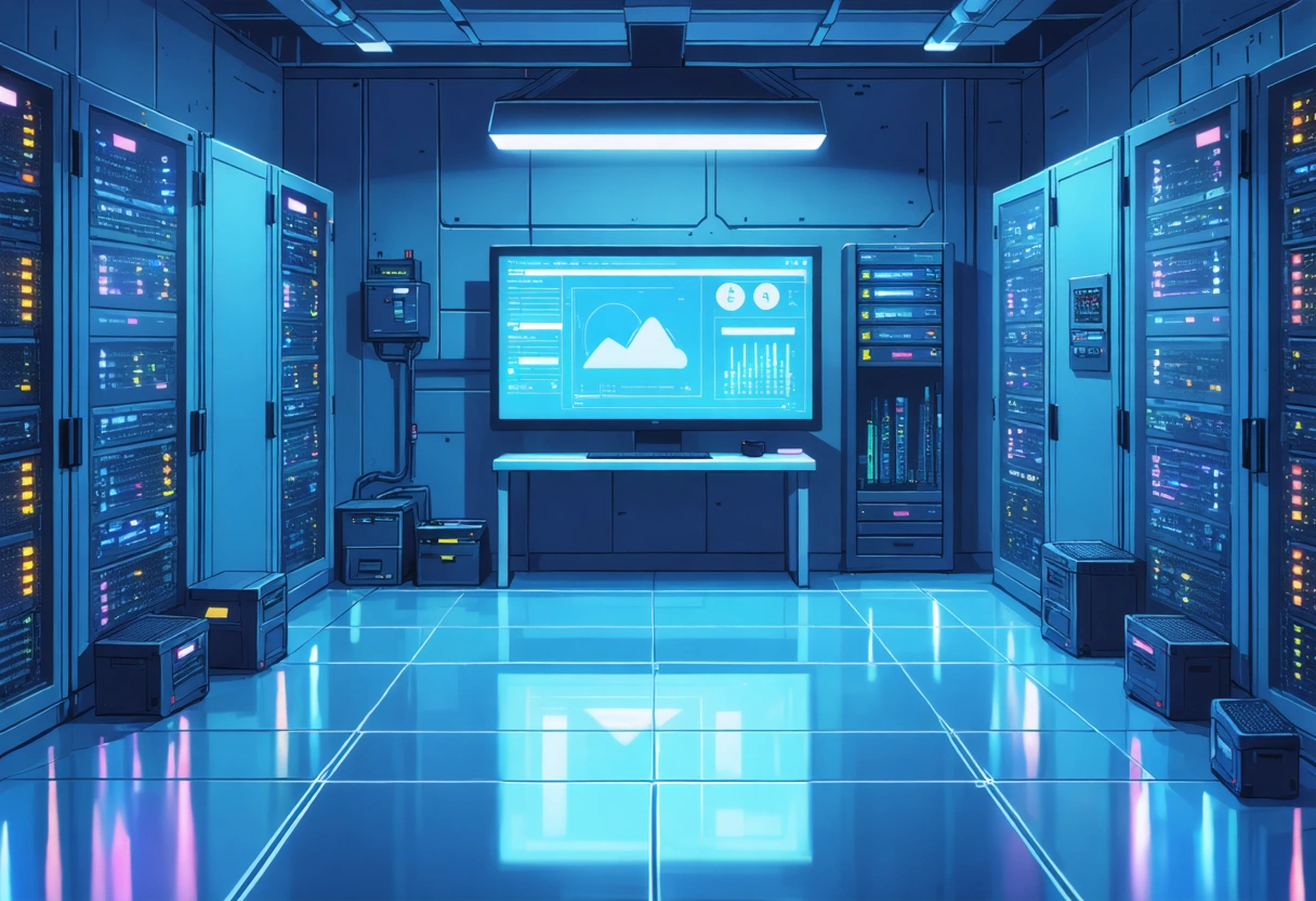 A secure server room with cPanel security settings on a monitor, showing SSL certificates and