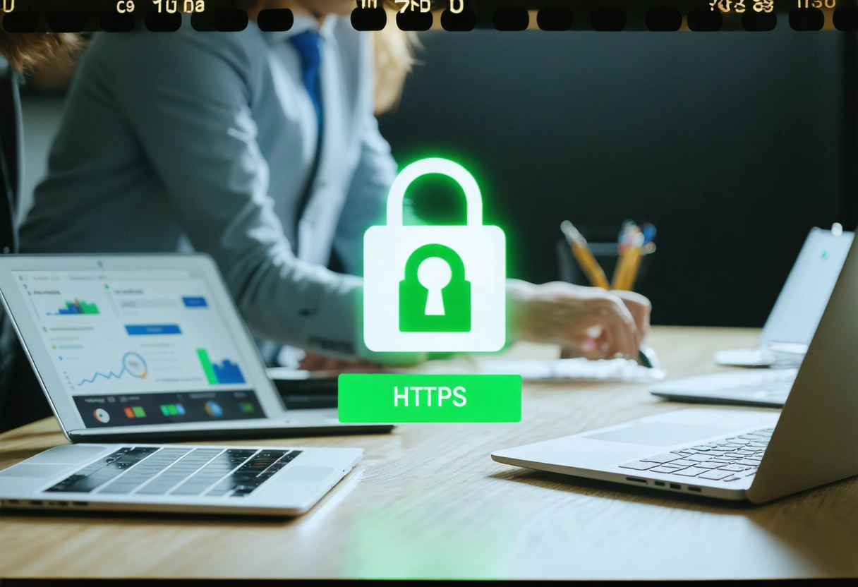 A secure website interface with a lock icon and green HTTPS bar, users browsing safely