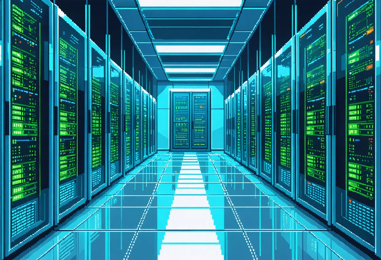 A server room with energy-efficient hardware, cPanel optimizing performance. Bright lighting, a sense of sustainability