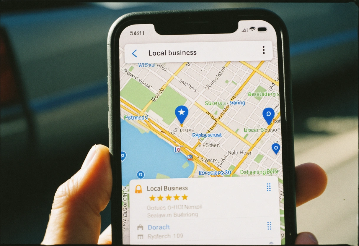 Smartphone showing local business search result with map and ratings