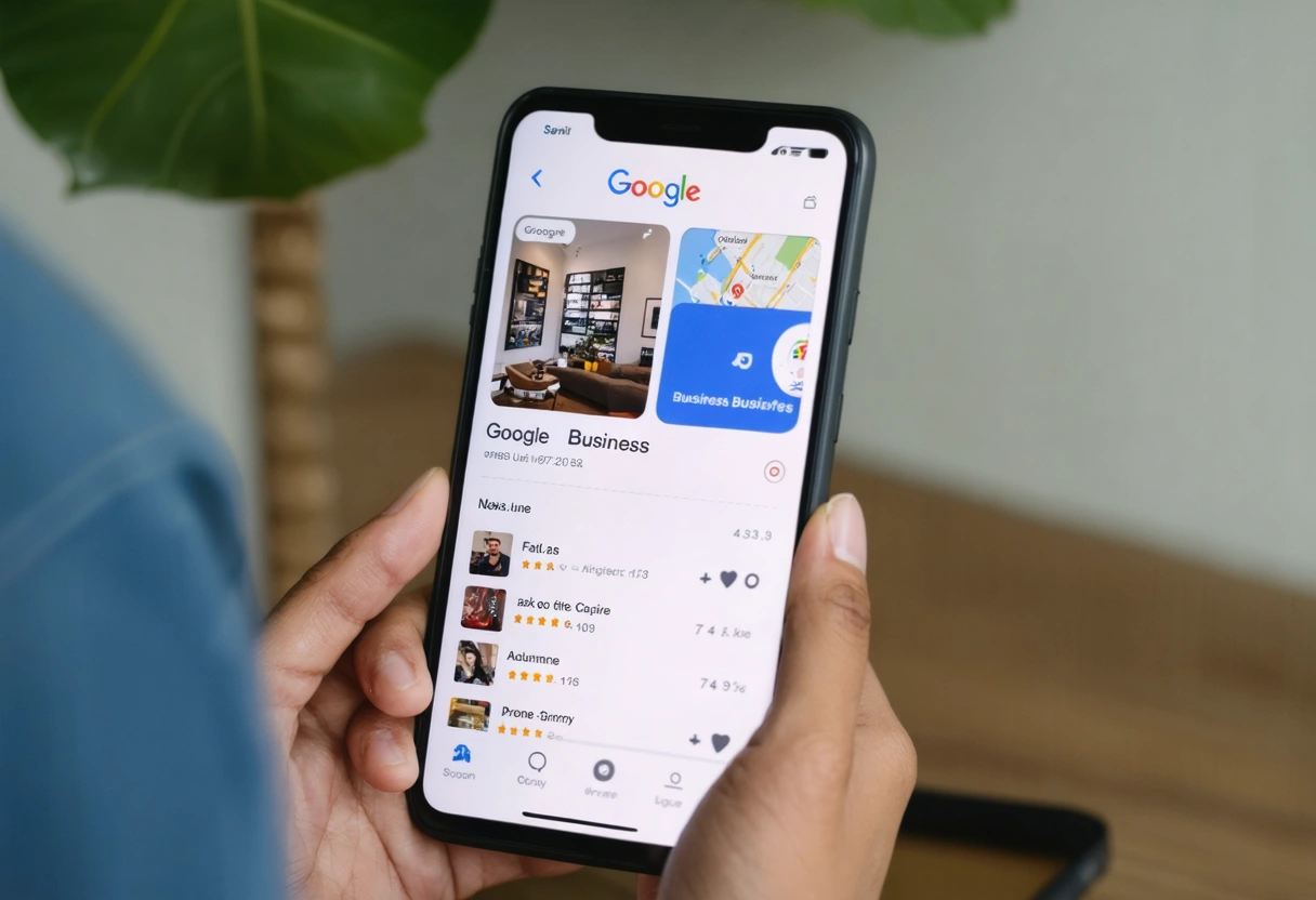Smartphone showing Google Business Profile with reviews, hand holding it.