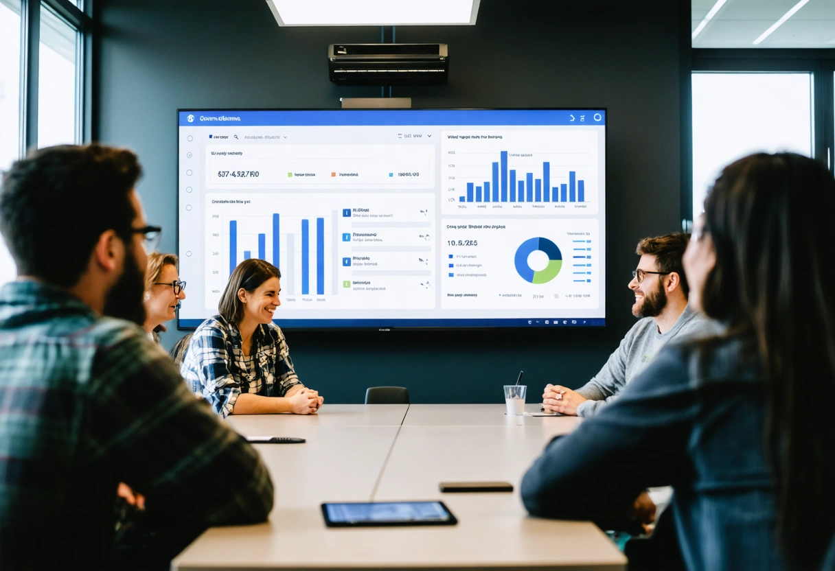 A team discussing website performance on a conference screen displaying uptime stats, modern meeting room,