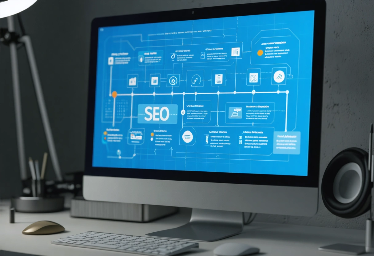 Computer screen with SEO strategy timeline in a modern office setting