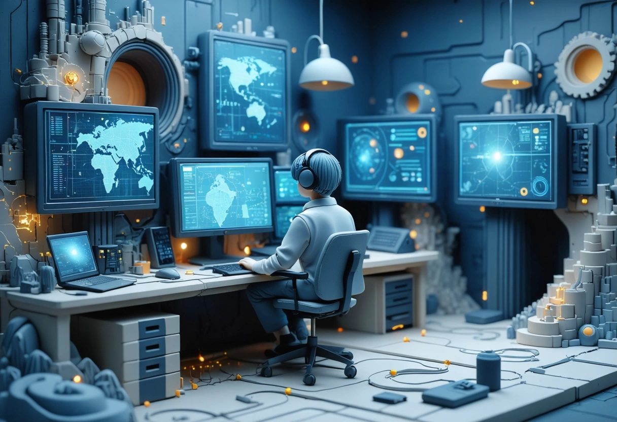 An IT specialist monitoring security protocols on multiple screens, high-tech control room, dim lighting, focused