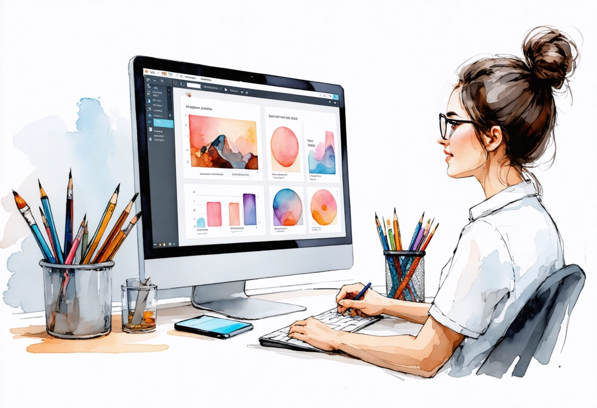 Business owner engaging with reviews on a third-party site, desktop screen in a sleek office,