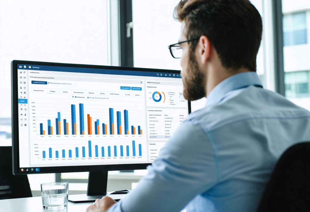 Business professional analyzing reputation management dashboard on a computer, modern office, bright lighting, serious focus,
