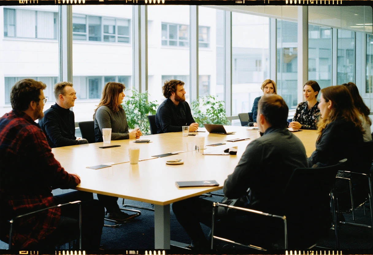 Company meeting with open discussion, diverse team, bright office, transparent atmosphere, fostering trust and transparency