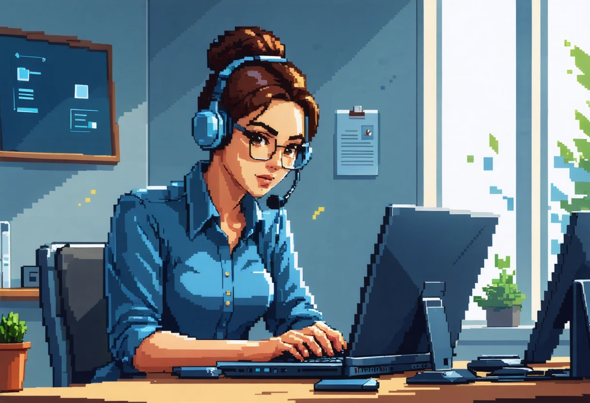 Customer service representative responding to negative review on a laptop, office environment, natural lighting, empathetic