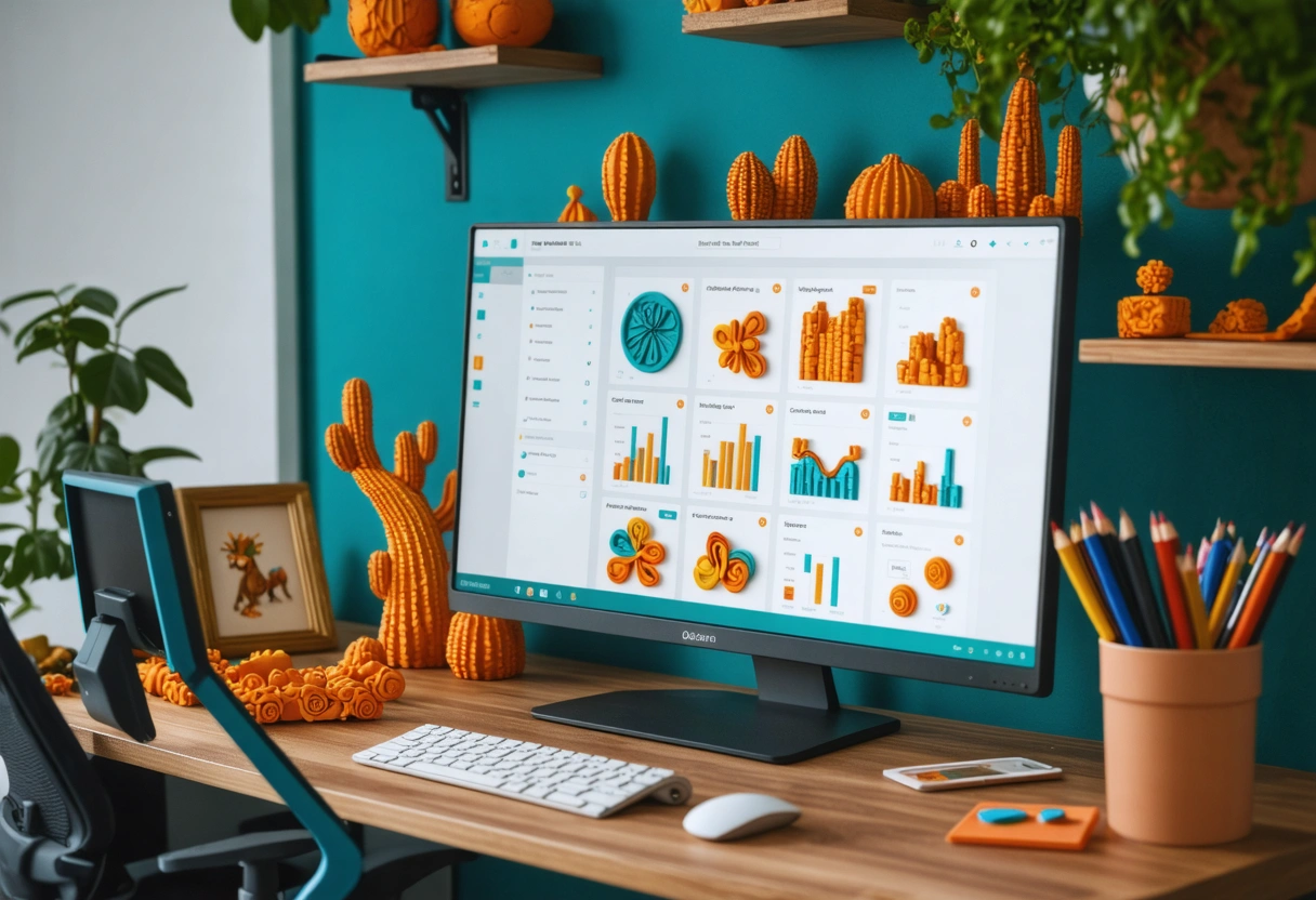 E-commerce manager in a stylish office reviewing GA4 event tracking on a large monitor. Bright