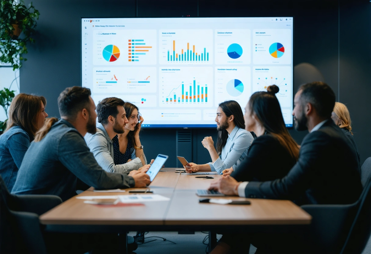 Team analyzing customer feedback data on a large screen, modern conference room, collaborative atmosphere, strategic