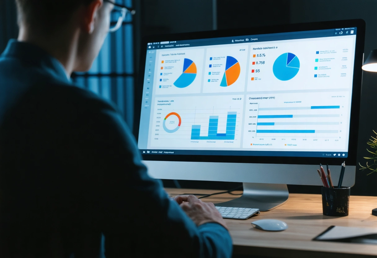 Business analyst reviewing analytics dashboards showing conversion rates and engagement metrics