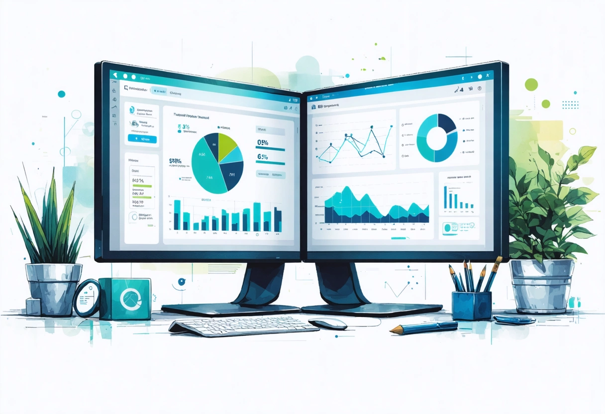 A business analyst reviewing web analytics on a dual-monitor setup, charts and graphs displayed, cool