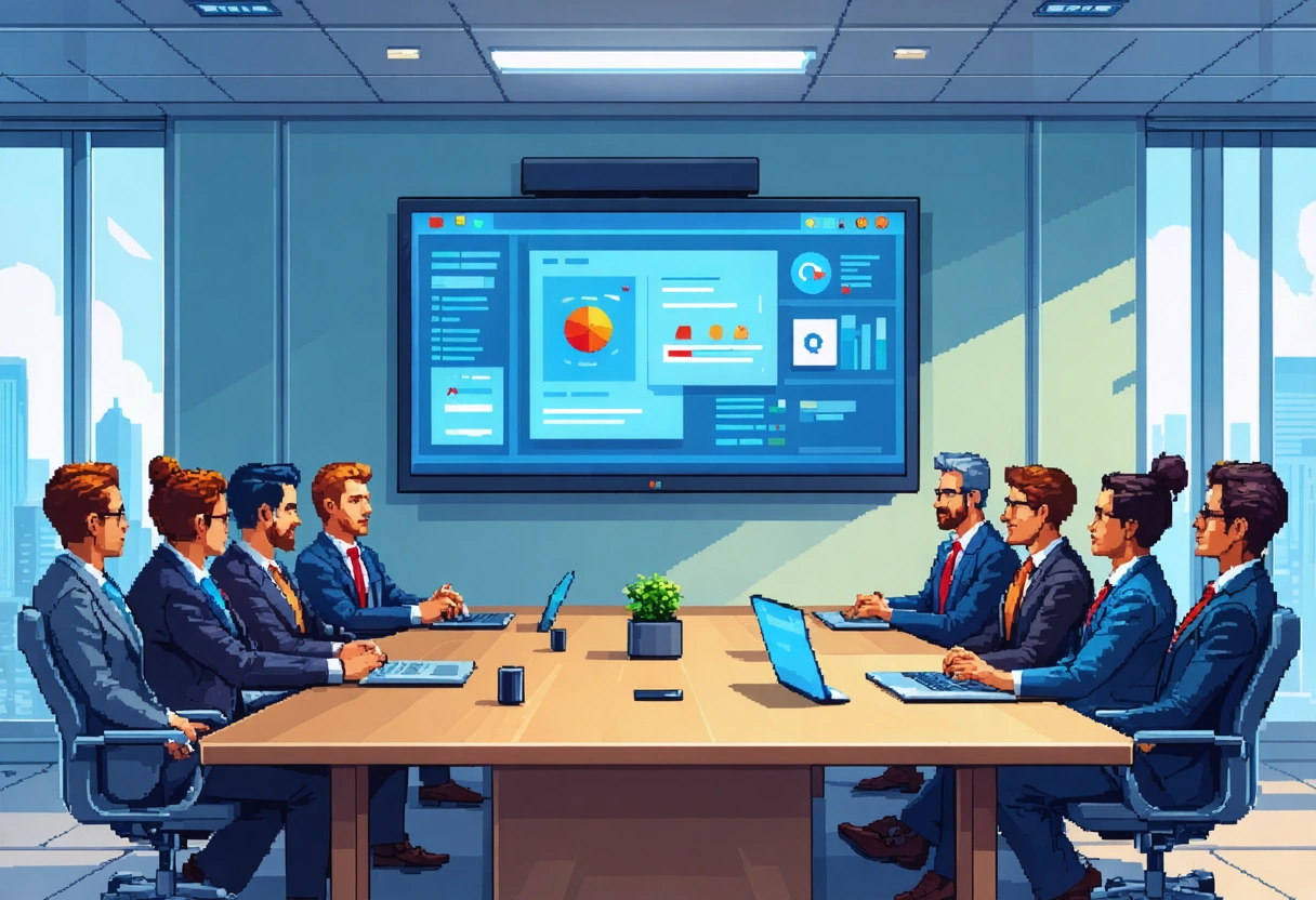 Business meeting with presentation on custom, secure, scalable website in conference room