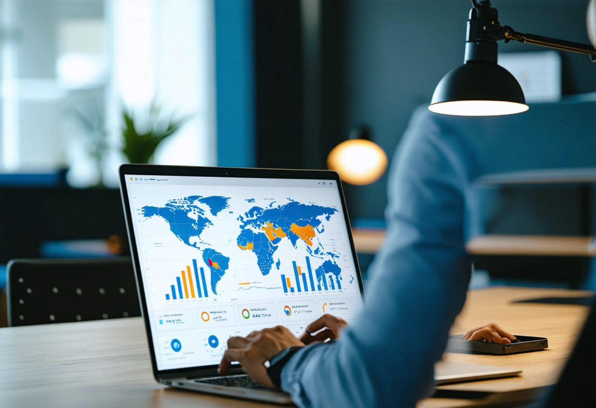 Business owner analyzing local SEO analytics on laptop in modern, well-lit office.