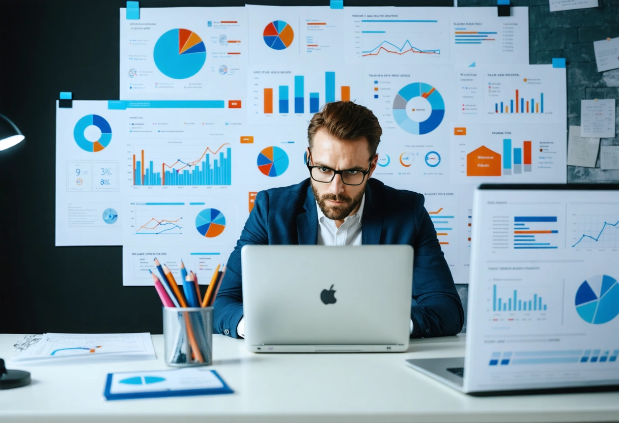 Business professional analyzing local SEO strategies on laptop with charts in modern office.