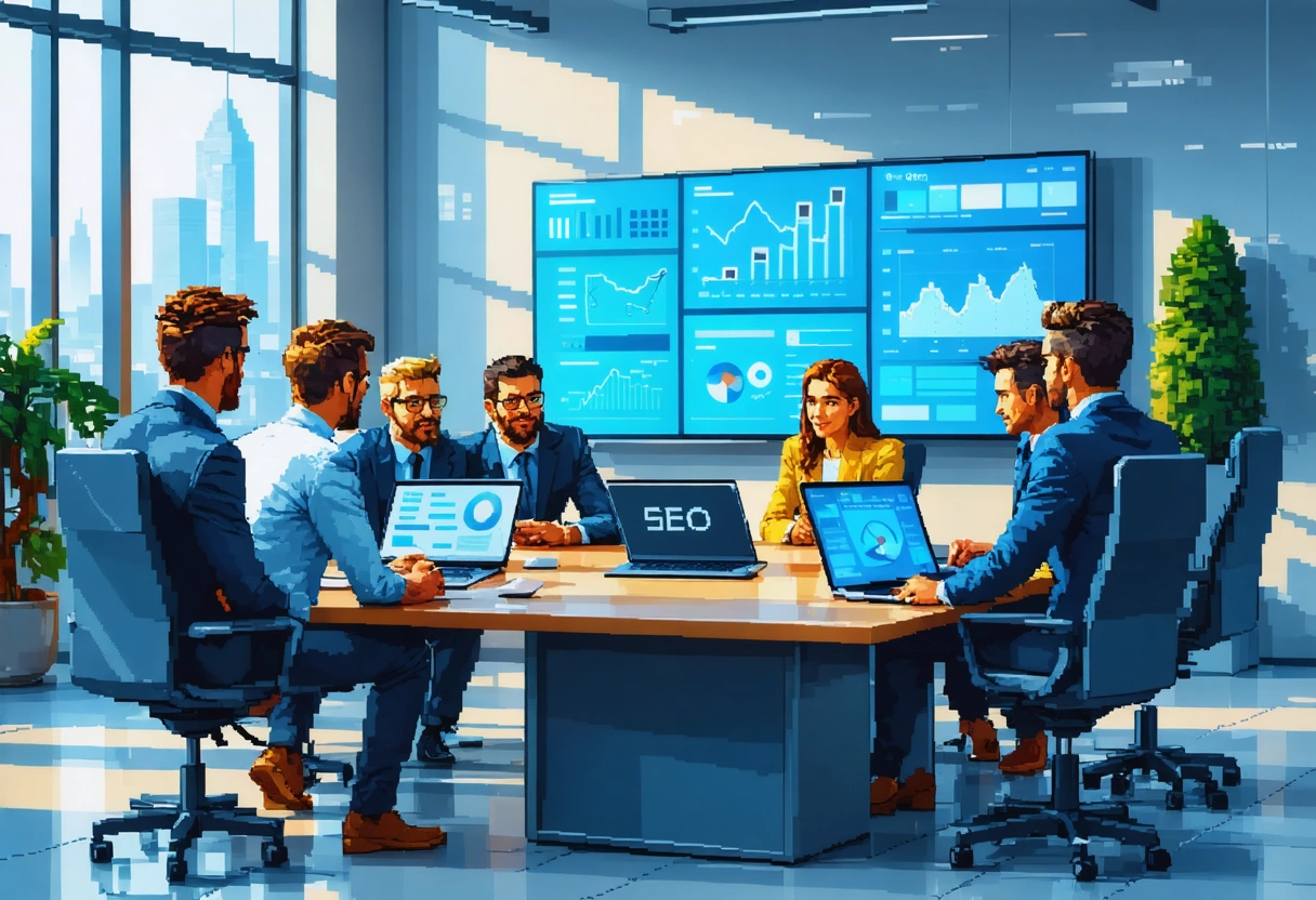 A business team discussing local SEO strategies around a conference table, with digital devices showing