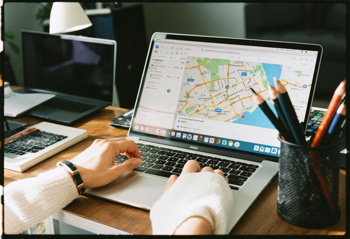 A content creator researching local keywords on a laptop in a stylish home office. Focused