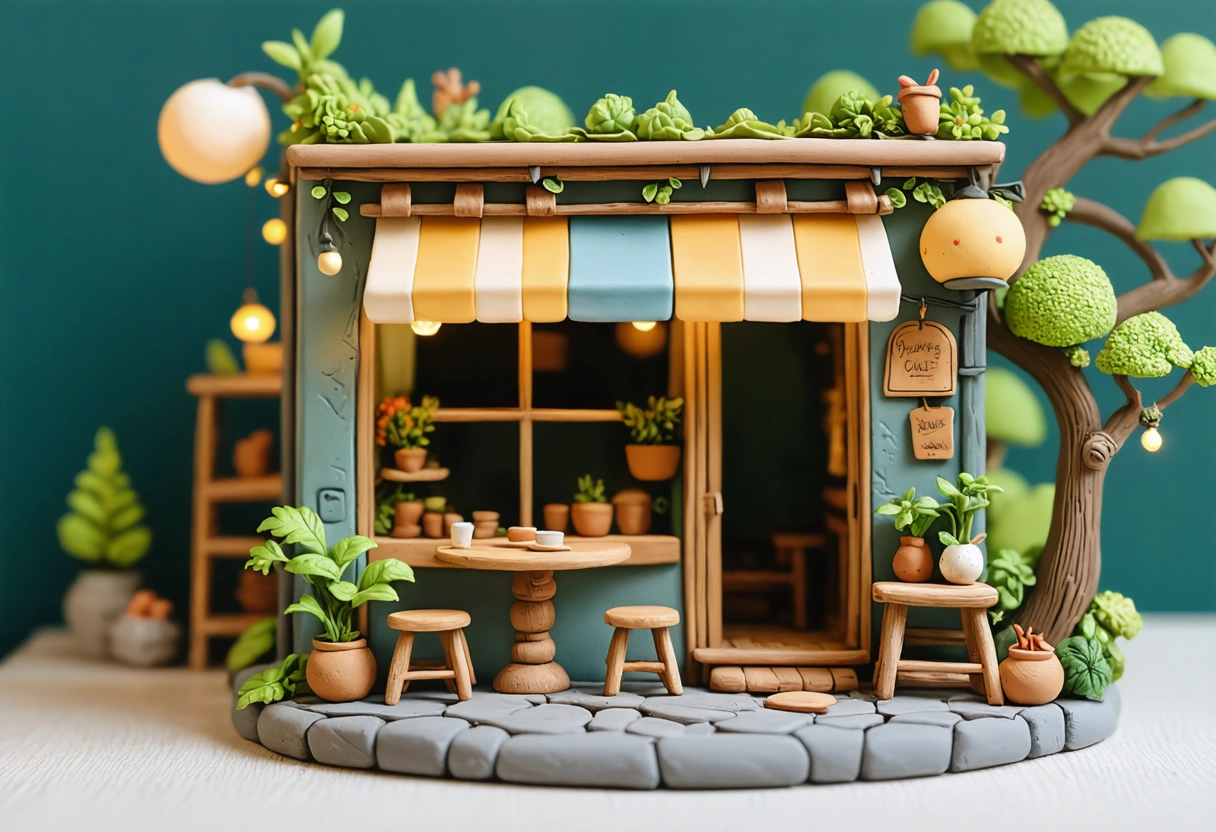 A cozy cafe setting with a small business owner updating their WordPress site on a