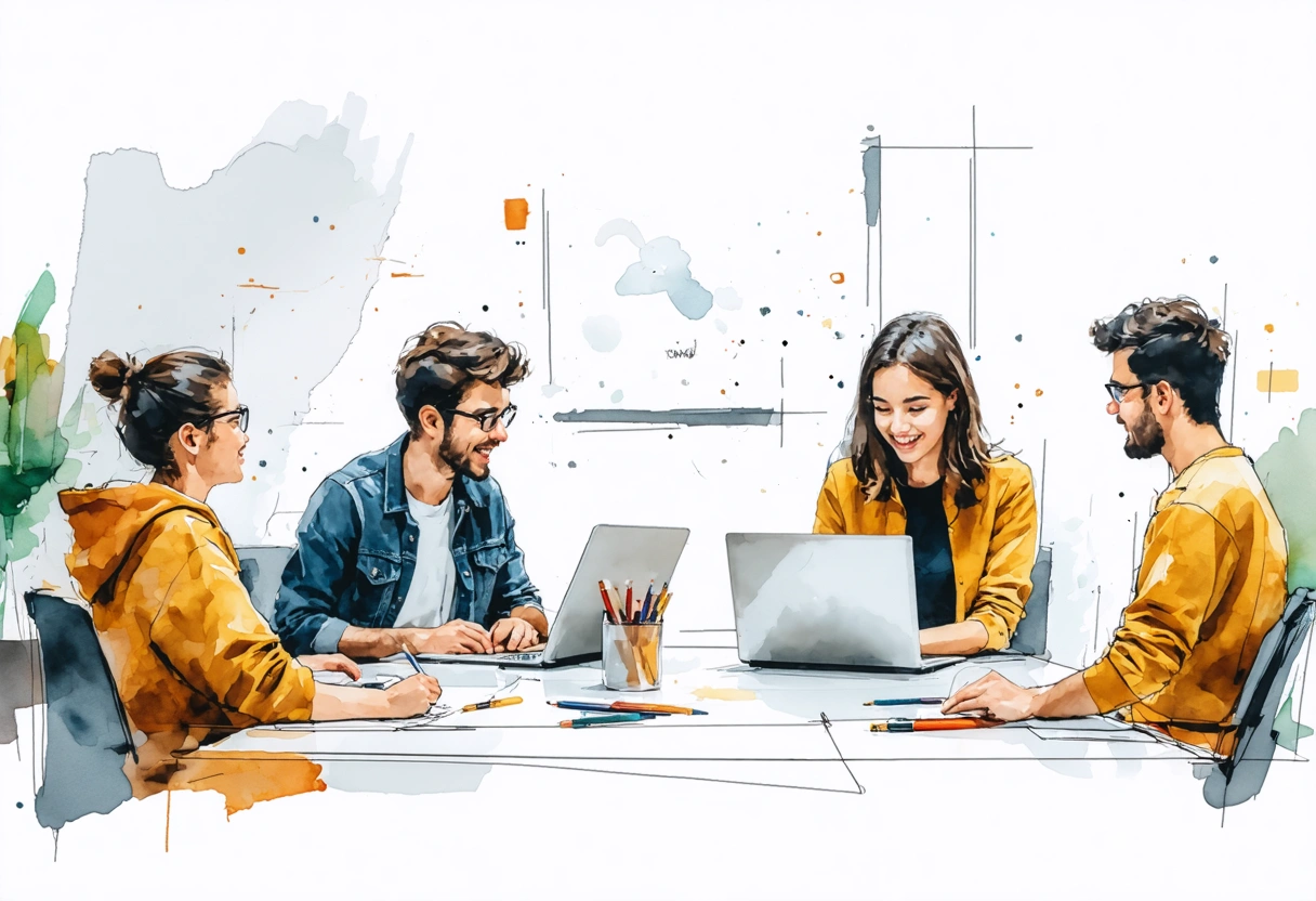 Creative team brainstorming website development ideas with laptops and sketches on table