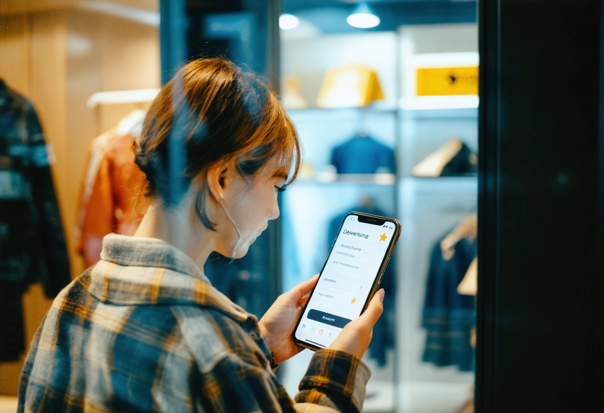 A customer leaving a positive review on a smartphone in a bright, welcoming store. Soft