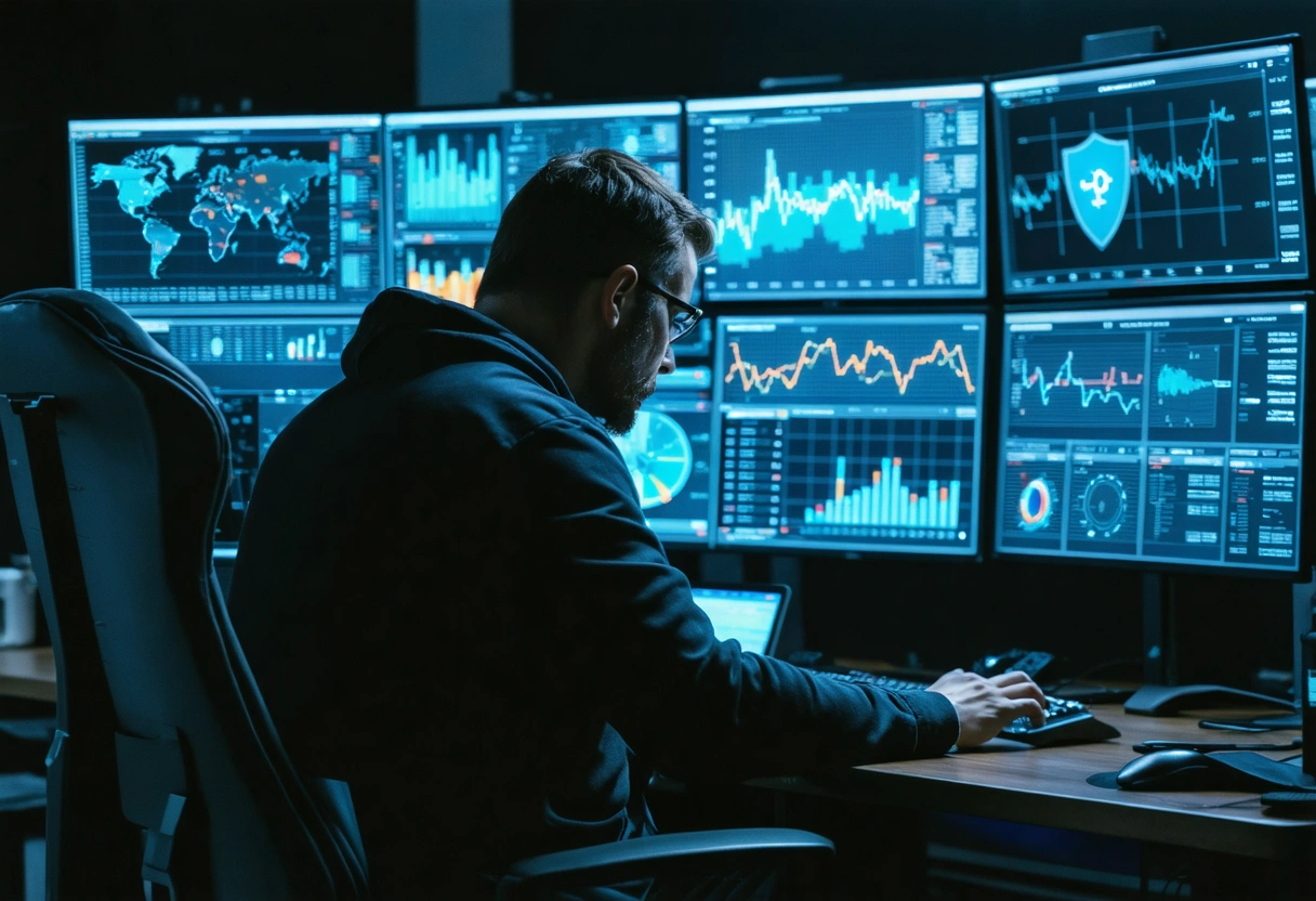 A cybersecurity expert monitoring a dashboard with security analytics on multiple screens, in a dimly