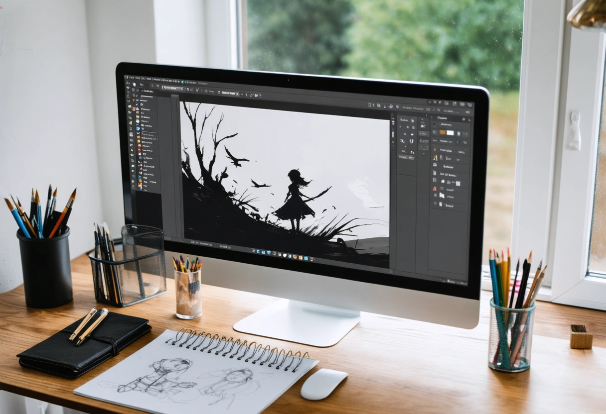 Designer reviewing visuals on dual monitors with sketches and notes