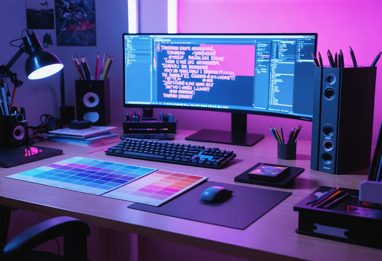Designer's desk with color swatches and typography samples in daylight