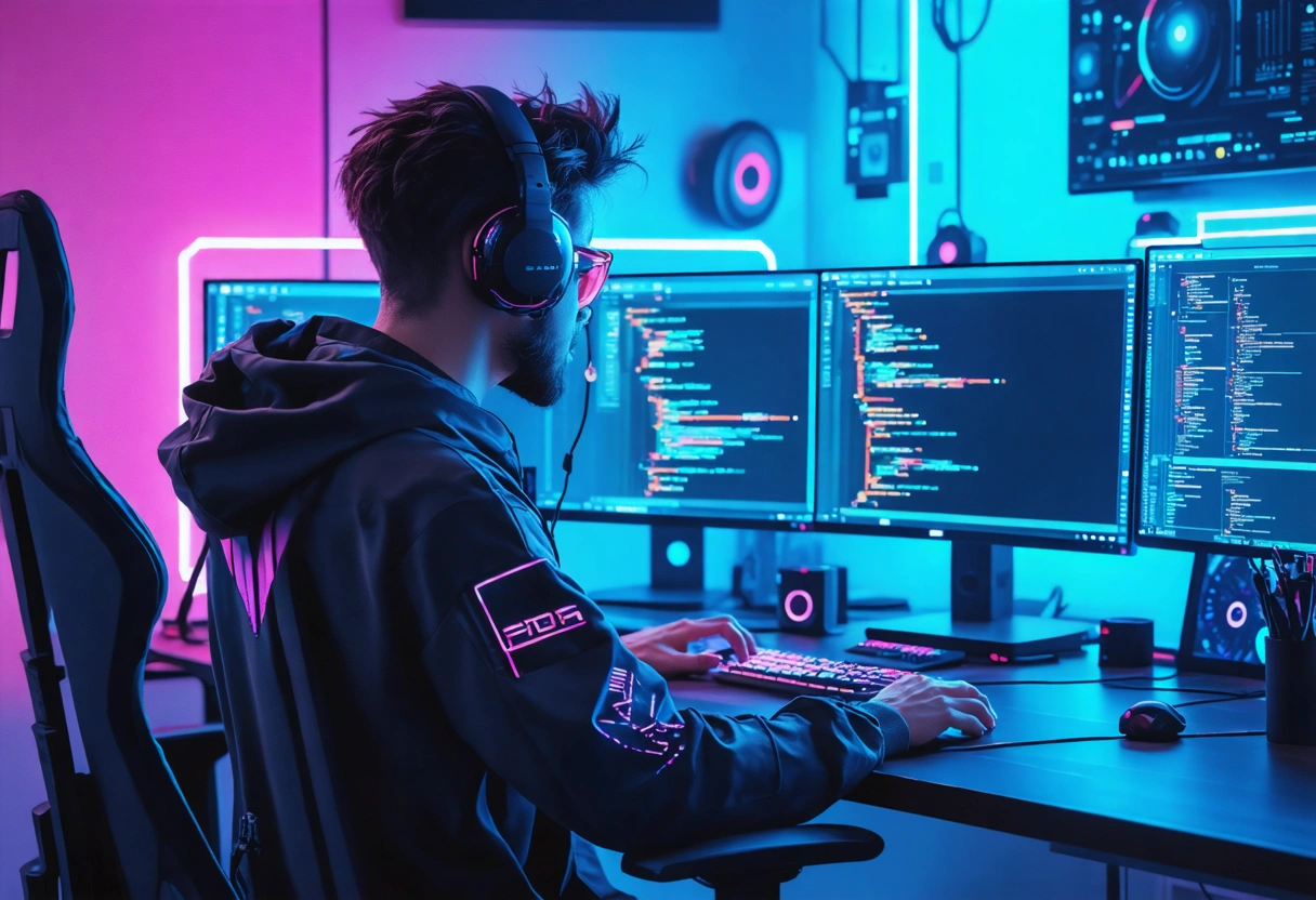 Developer working on scalable website architecture with code on dual monitors