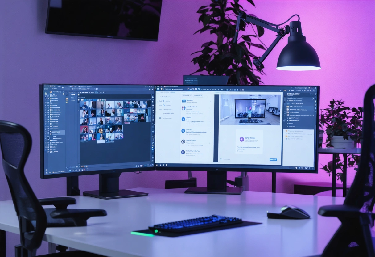 A digital agency office with designers customizing a WordPress theme on large monitors, vibrant lighting,