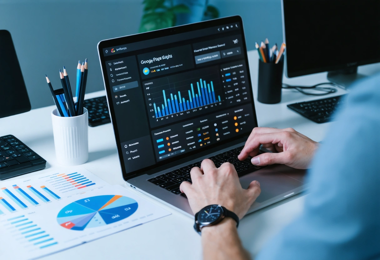 Digital analyst using Google PageSpeed Insights with charts and graphs
