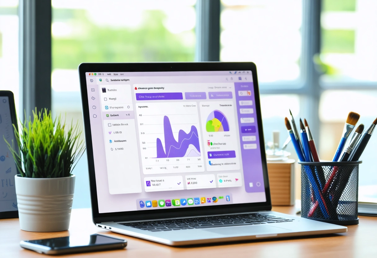 Digital marketer reviewing WooCommerce SEO analytics on a laptop in a modern, sunlit office.