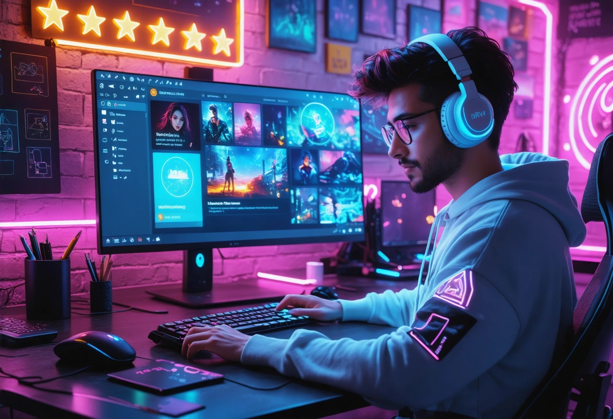 A digital marketer updating a Google Business Profile on a sleek computer screen, with customer