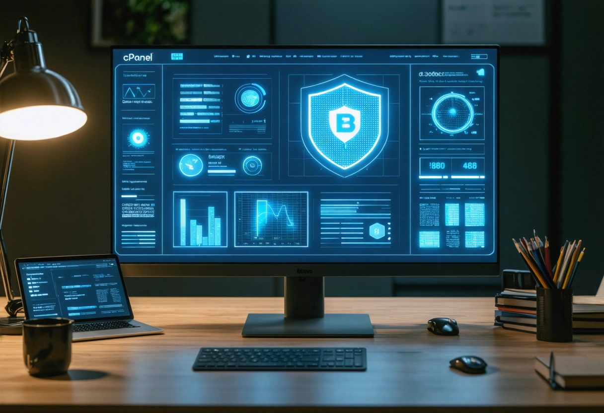 Server room with racks of servers and cPanel logo.