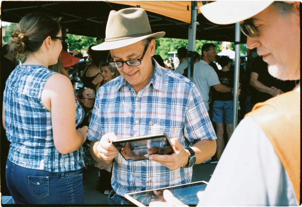 A local business owner engaging with community members at an event, with social media posts