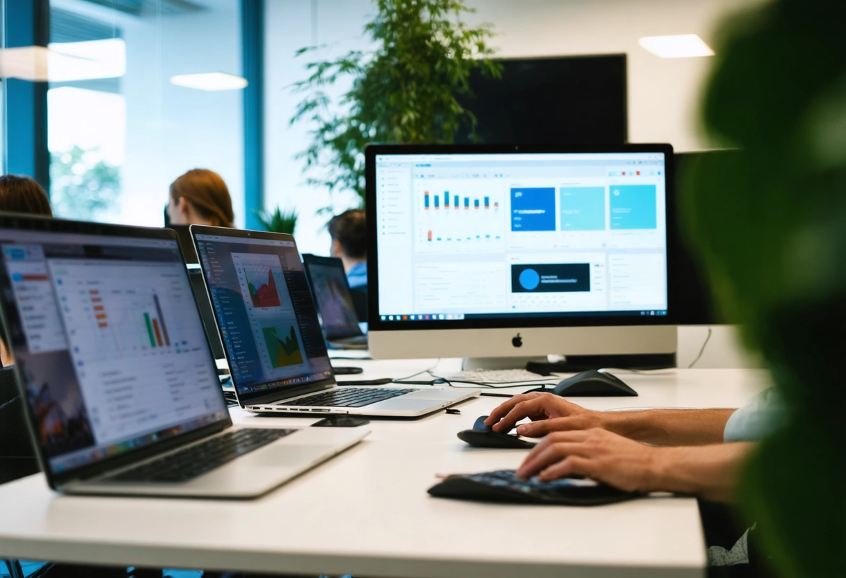 Team collaborating on WordPress in a modern office, highlighting digital growth and teamwork.