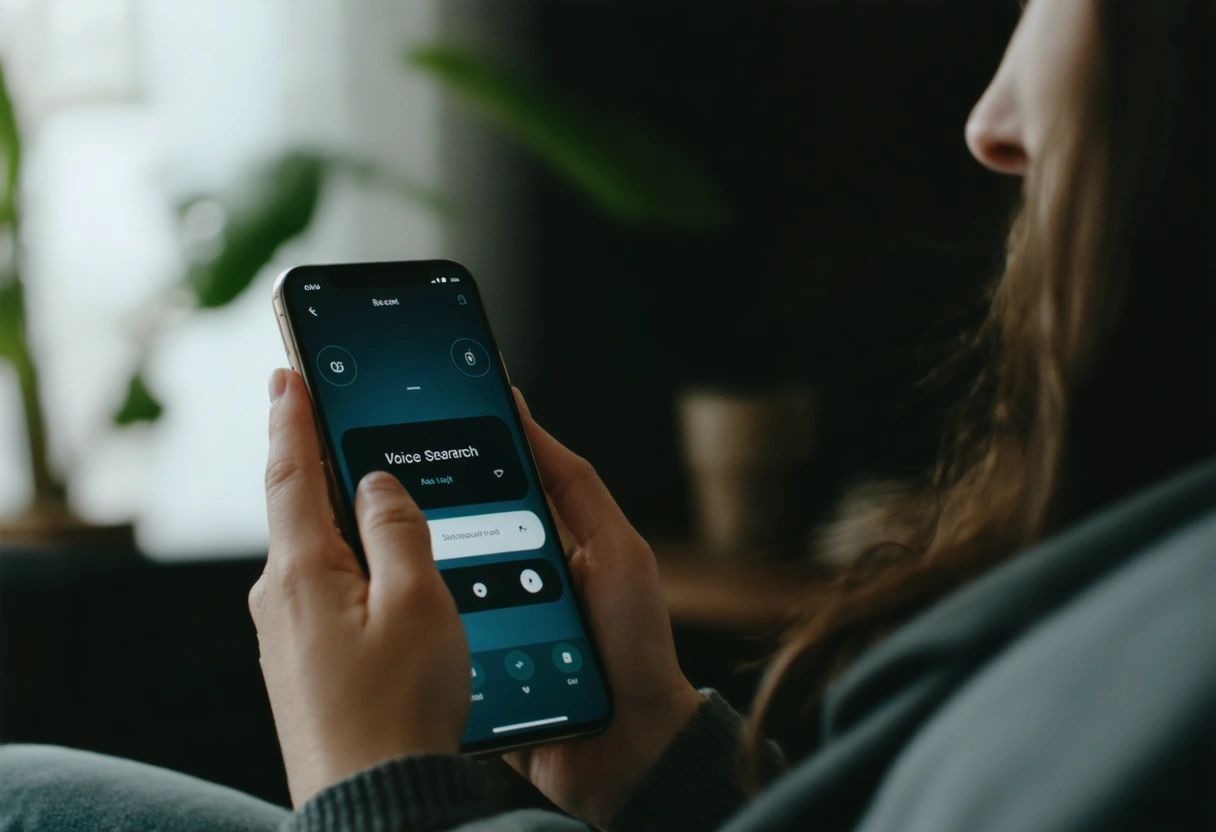 A person using a smartphone for voice search, with a digital assistant interface visible, in